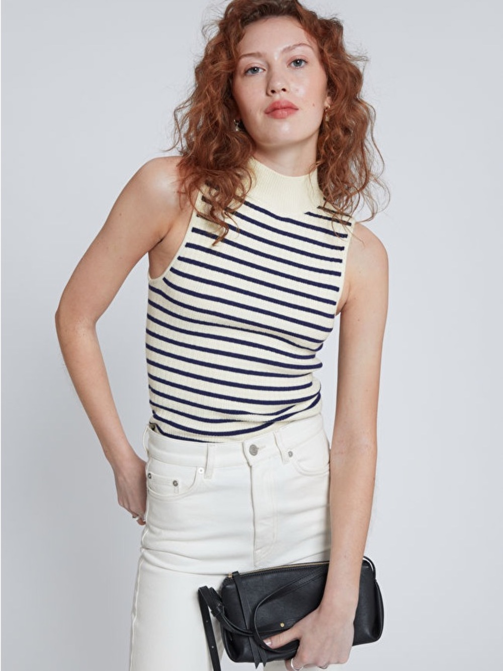 & Other Stories Cream and Navy Striped Sleeveless Mock Neck Tank